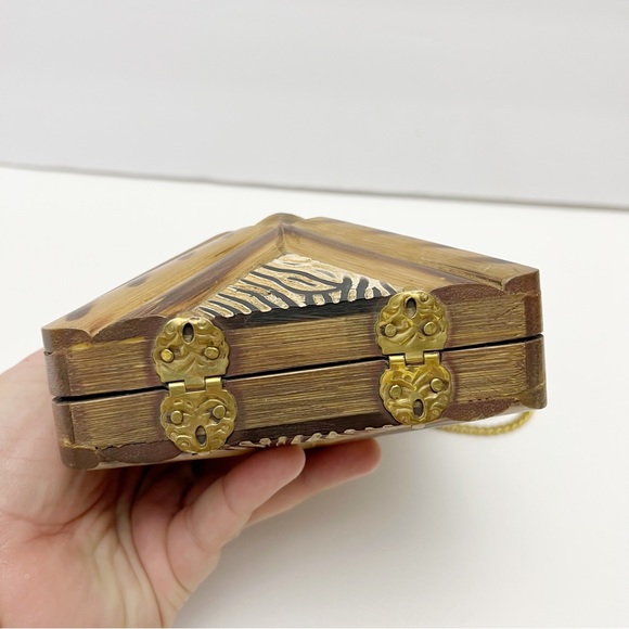 Vintage Carved Wood African Safari Zebra Pattern Minaudière Crossbody Mini Purse - Picture 5 of 8
